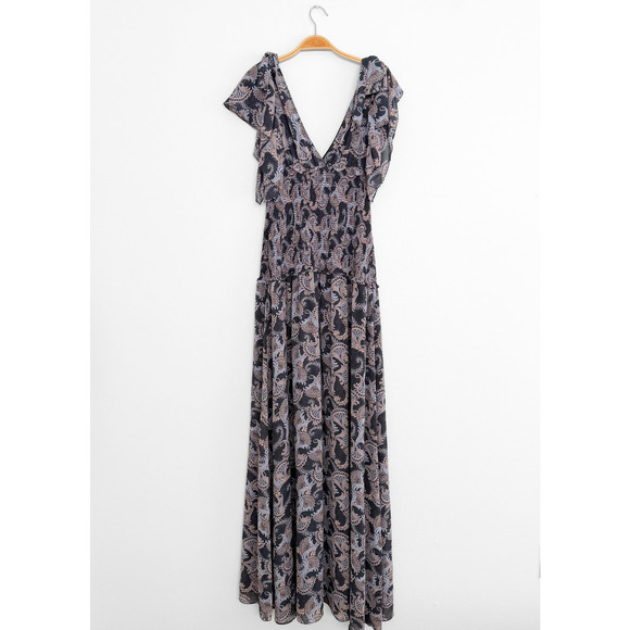 Cinq a Sept Kris Chiffon Dress in Raven Paisley Navy Blue Chiffon Smocked Maxi - Picture 8 of 15